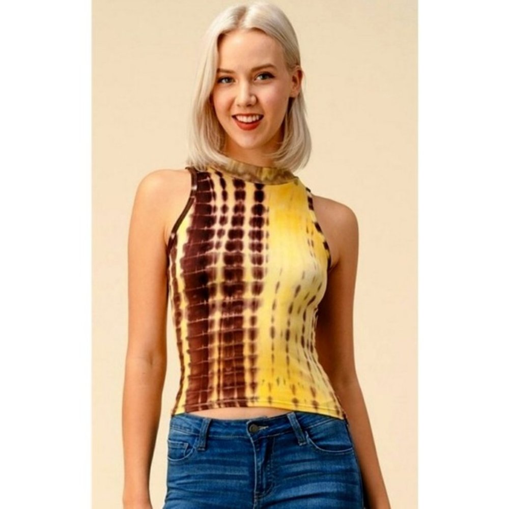 Brown & Yellow tie dye sleeveless mock